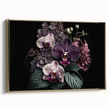 Framed wall art showcasing a botanical orchid design on canvas, with a gold frame and elegant side view, perfect for enhancing home decor with a touch of nature.