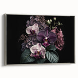 Framed canvas wall art featuring a botanical orchid design, showcasing vibrant colors and intricate details, elegantly displayed with a silver frame, perfect for home decor.