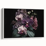 Framed wall art featuring a botanical orchid design on canvas, showcasing vibrant colors and intricate details, placed against a white backdrop for a modern aesthetic.