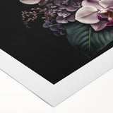 Botanical wall art featuring a vibrant orchid design on rolled canvas, showcasing intricate floral details in shades of pink and green, perfect for home decor.