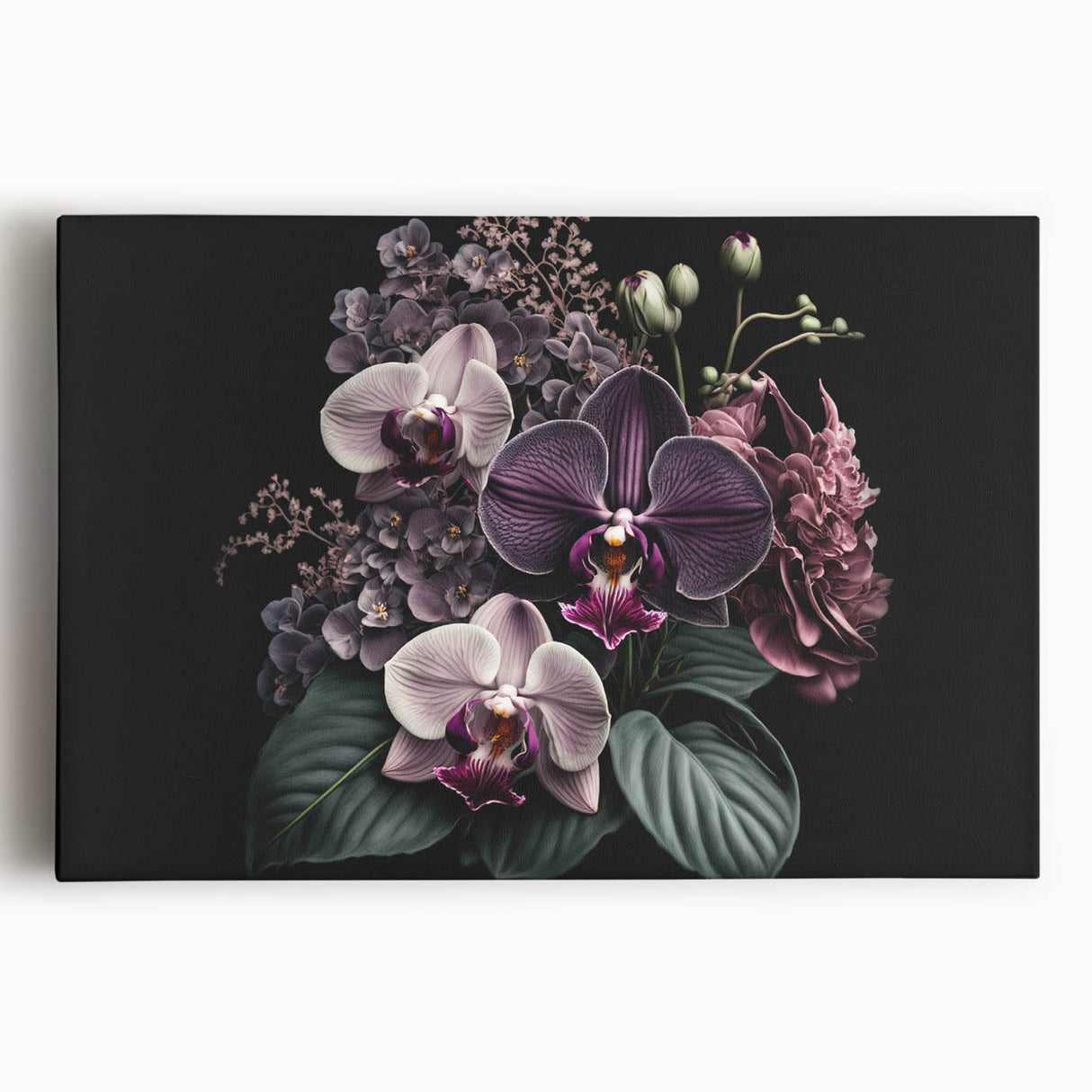 Stretched canvas wall art featuring a vibrant botanical orchid design with rich colors, perfect for home decor, bringing a touch of nature indoors.