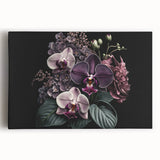 Stretched canvas wall art featuring a vibrant botanical orchid design with rich colors, perfect for home decor, bringing a touch of nature indoors.