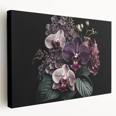 Stretched canvas showcasing a vibrant botanical orchid design in a side view, perfect for enhancing home decor with a touch of nature and elegance.