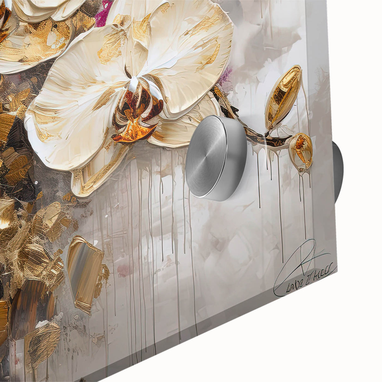 Close-up of a vibrant botanical orchid wall art piece, showcasing intricate details and rich colors on acrylic glass, perfect for modern home decor.