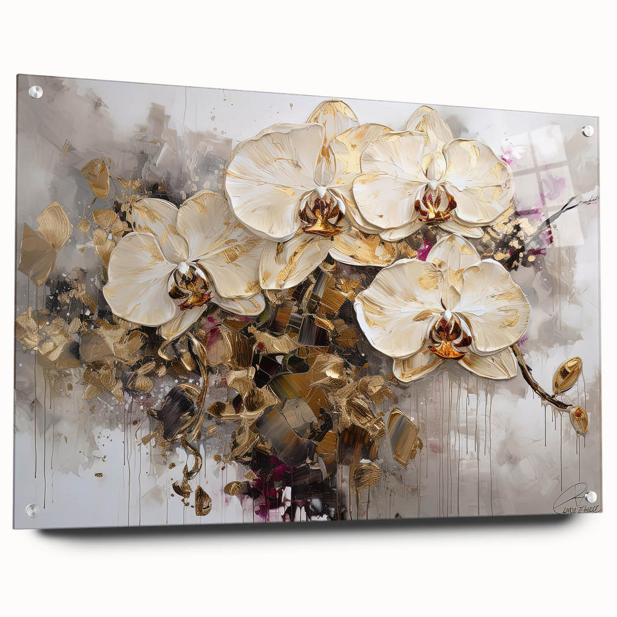 Side view of a botanical orchid wall art collection displayed in acrylic glass, showcasing vibrant floral designs and elegant pins for hanging. Ideal for home decor.