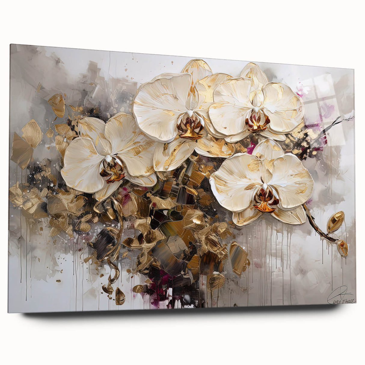Botanical wall art featuring a stunning orchid design printed on acrylic glass, showcasing vibrant colors and intricate details, ideal for enhancing home decor.