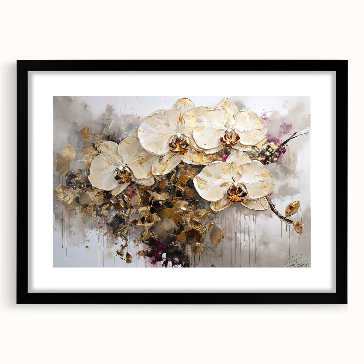 Elegant black-framed botanical wall art featuring a vibrant orchid design, displayed with a white mat, perfect for enhancing home decor with a touch of nature.