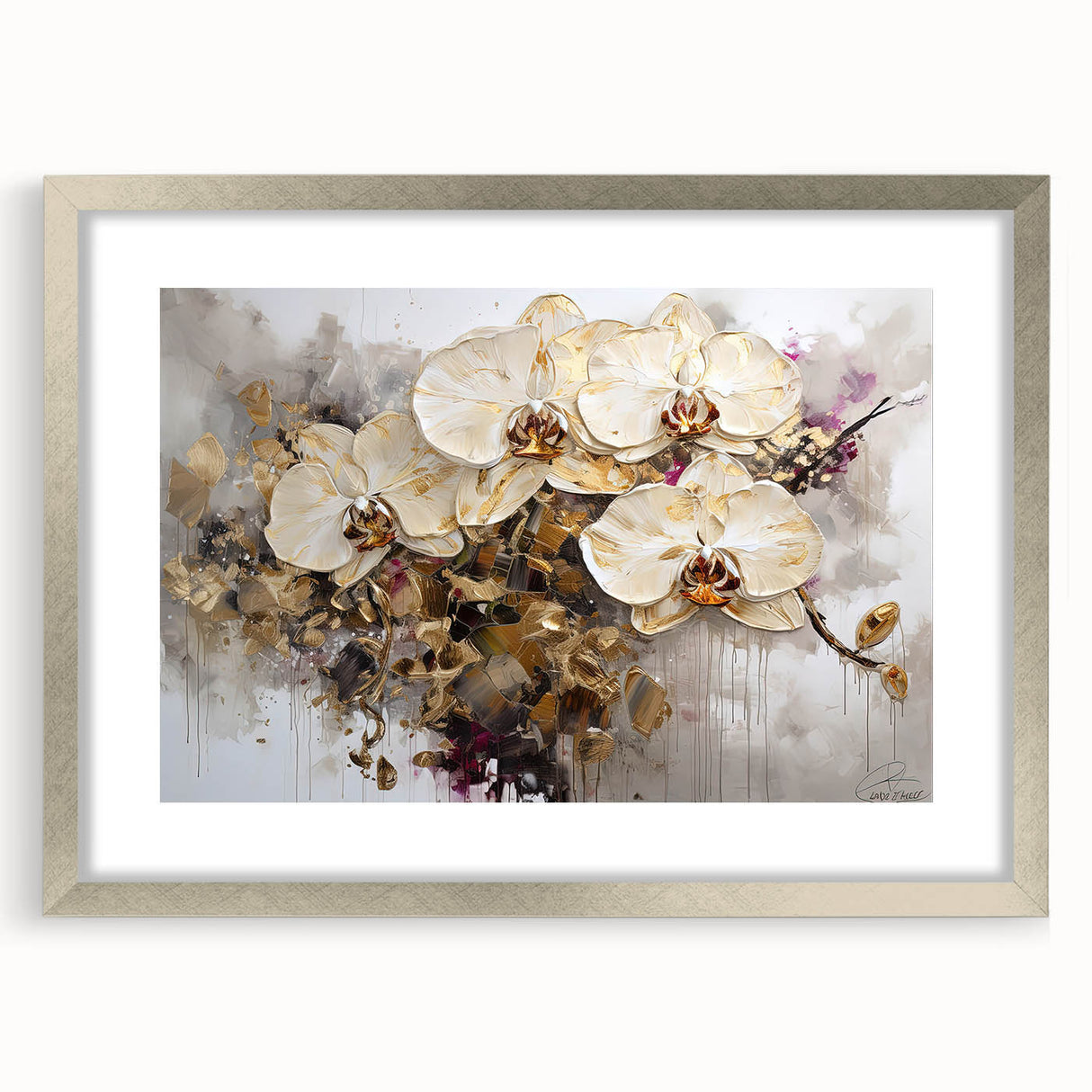 Framed botanical wall art featuring a detailed orchid design with a silver mat border, perfect for enhancing home decor or gallery spaces. The vibrant colors and intricate details make it an eye-catching piece for nature lovers.