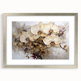 Framed botanical wall art featuring a detailed orchid design with a silver mat border, perfect for enhancing home decor or gallery spaces. The vibrant colors and intricate details make it an eye-catching piece for nature lovers.