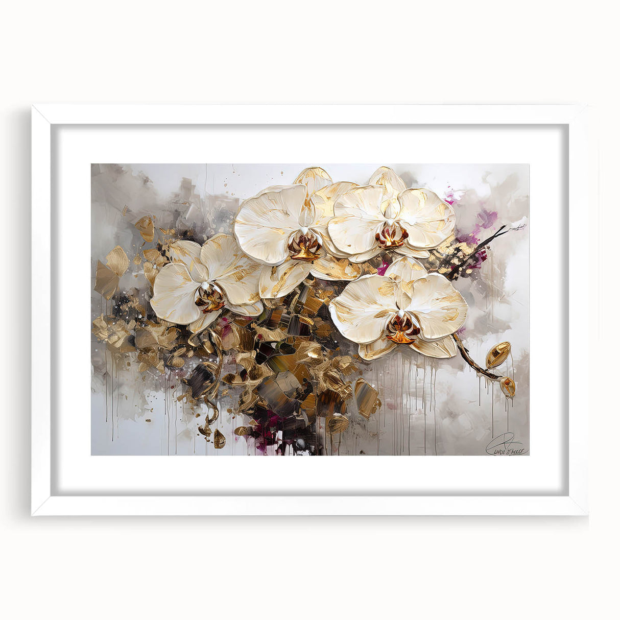 Botanical wall art featuring a vibrant orchid design in a white frame with matting, perfect for home decor, adding a touch of elegance and nature-inspired beauty.