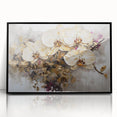 Framed botanical orchid wall art in black frame, showcasing vibrant purple and white orchids against a subtle green background, perfect for home decor.