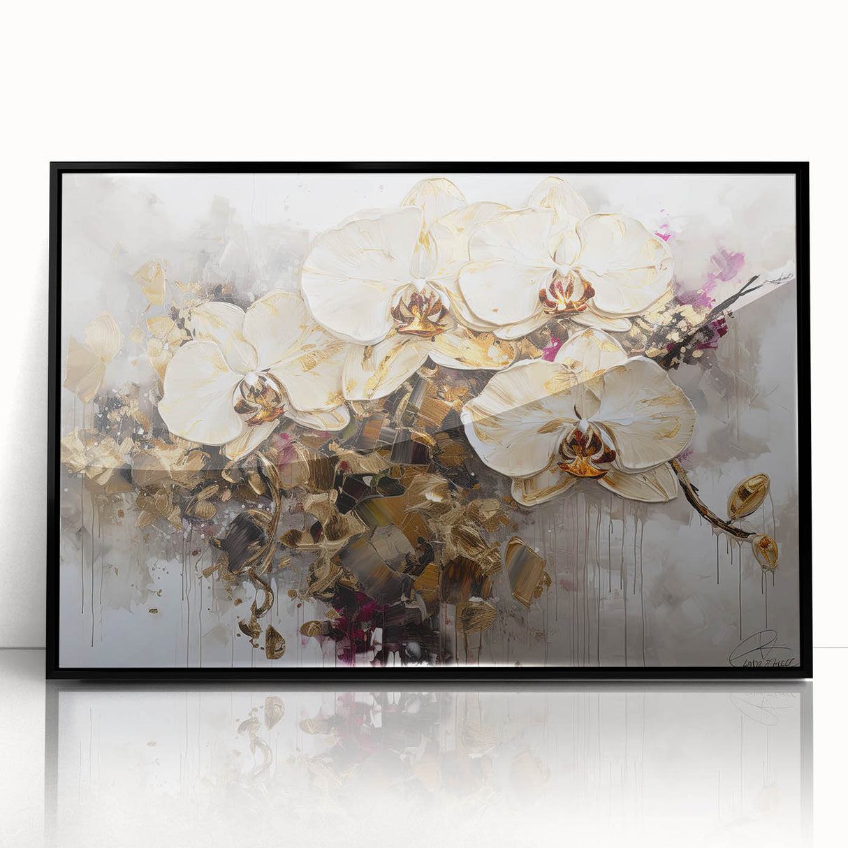 Framed botanical orchid wall art in black frame, showcasing vibrant purple and white orchids against a subtle green background, perfect for home decor.
