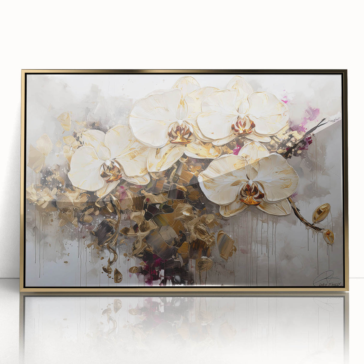 Framed acrylic wall art showcasing a vibrant botanical orchid design in gold tones, perfect for enhancing modern interiors and adding a touch of elegance.