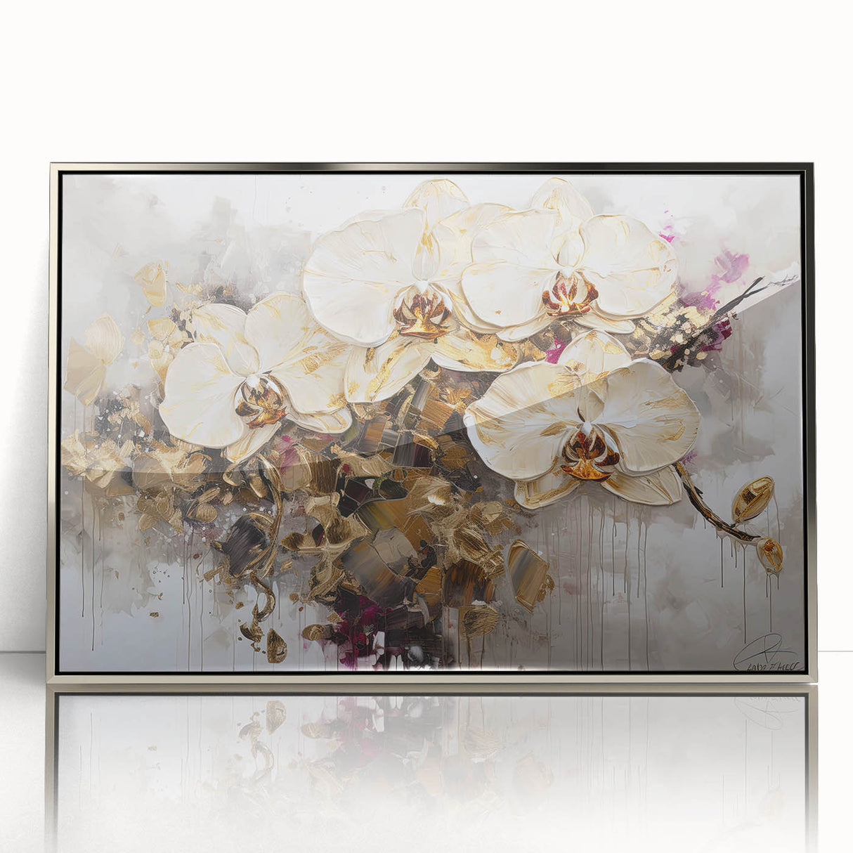 Framed botanical orchid wall art design in silver frame, showcasing vibrant orchid flowers on a white background, perfect for enhancing modern decor.