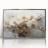 Framed botanical orchid wall art design in silver frame, showcasing vibrant orchid flowers on a white background, perfect for enhancing modern decor.