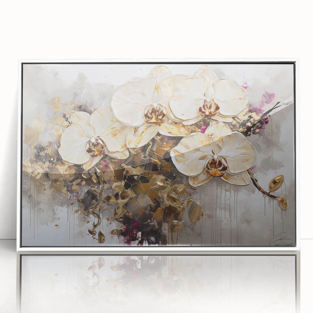 Framed botanical wall art featuring a vivid orchid design in a white frame, showcasing intricate details and vibrant colors, perfect for home decor.