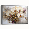 Framed canvas wall art featuring a vibrant botanical orchid design in shades of purple and green, set against a sleek black frame, showcasing a side view for depth.