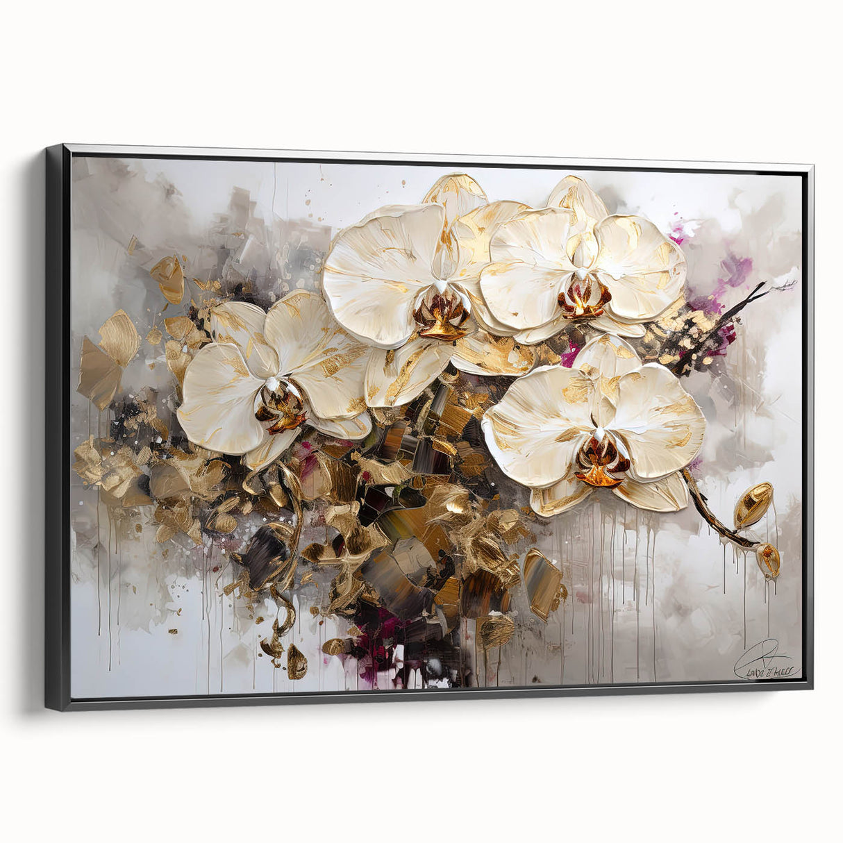 Framed canvas wall art featuring a vibrant botanical orchid design in shades of purple and green, set against a sleek black frame, showcasing a side view for depth.