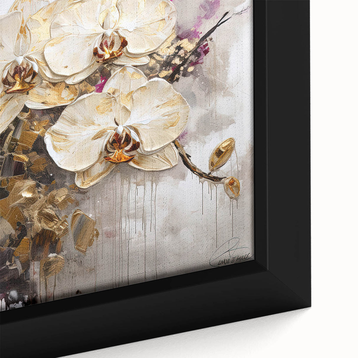 Close-up of a framed botanical orchid wall art design showcasing vibrant pink and yellow flowers against a soft green background, perfect for home decor.