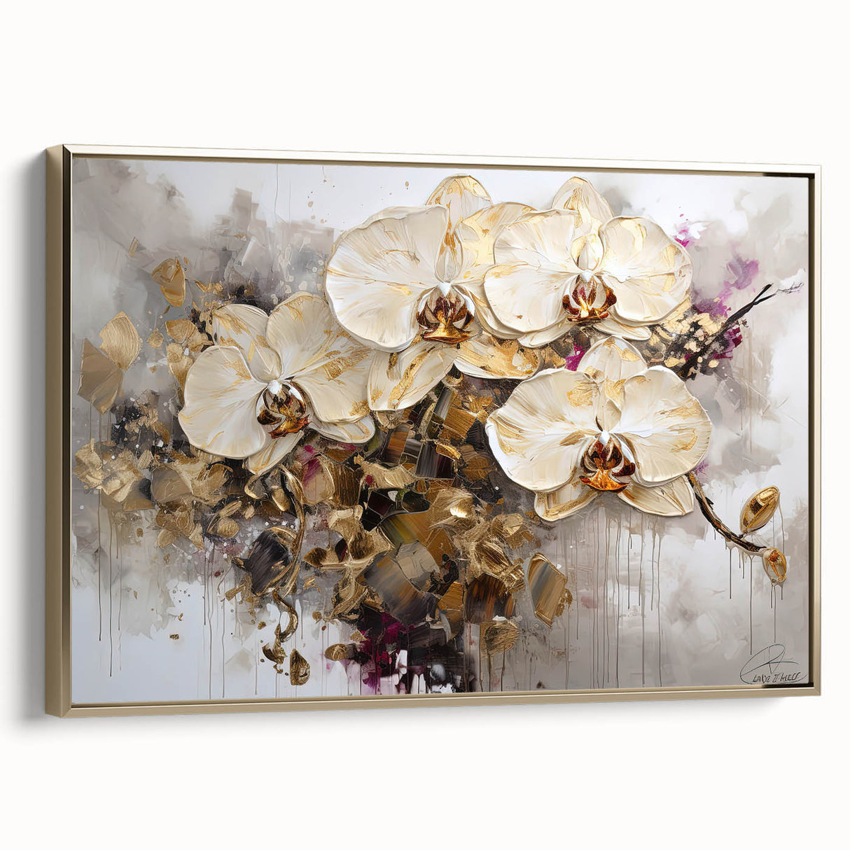 Framed botanical wall art showcasing a vibrant orchid design with a gold frame. The artwork adds elegance to any decor, perfect for nature lovers and home styling.
