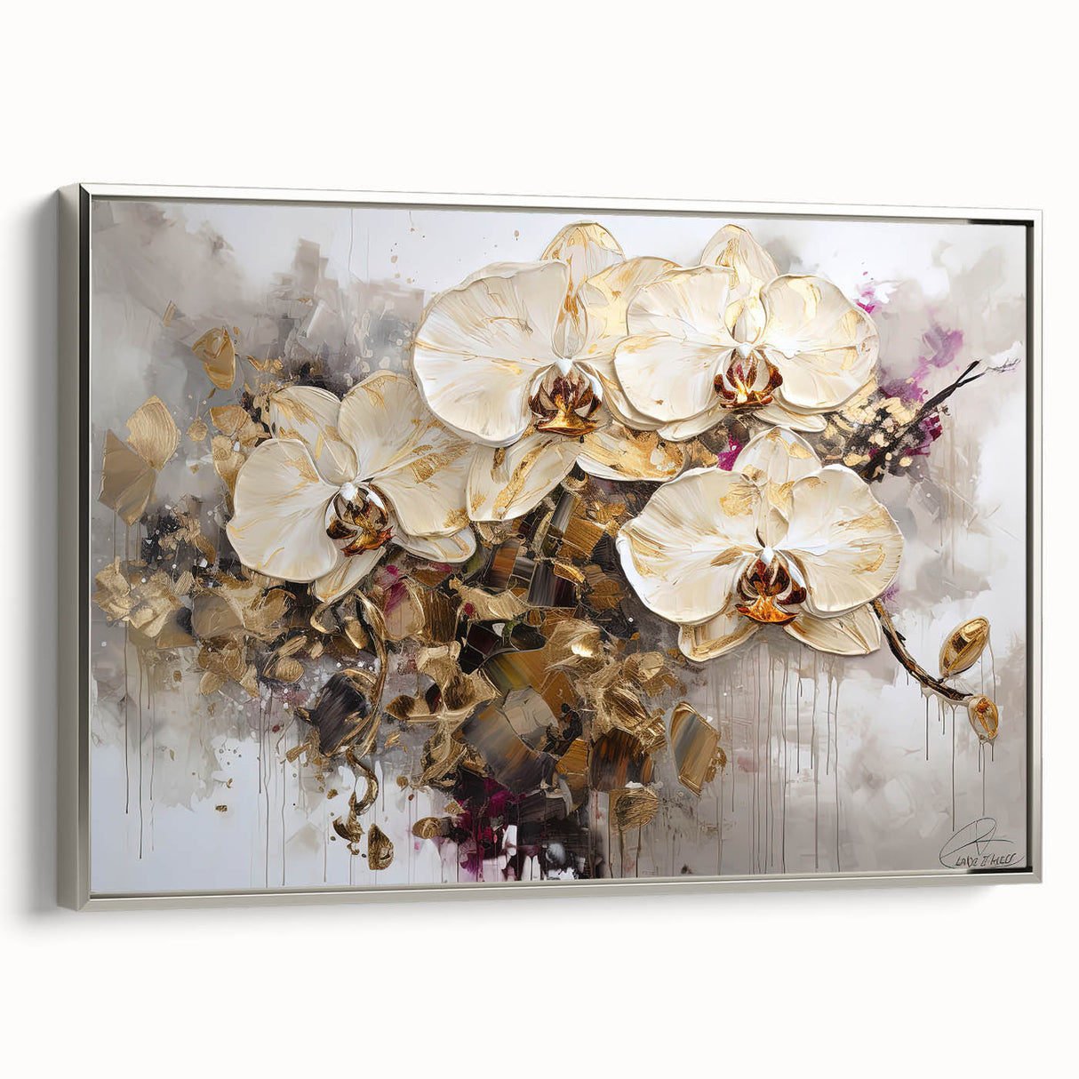 Framed wall art featuring a botanical orchid design, showcasing vibrant purple and white flowers on a textured canvas, set against a sleek silver frame, perfect for home decor.