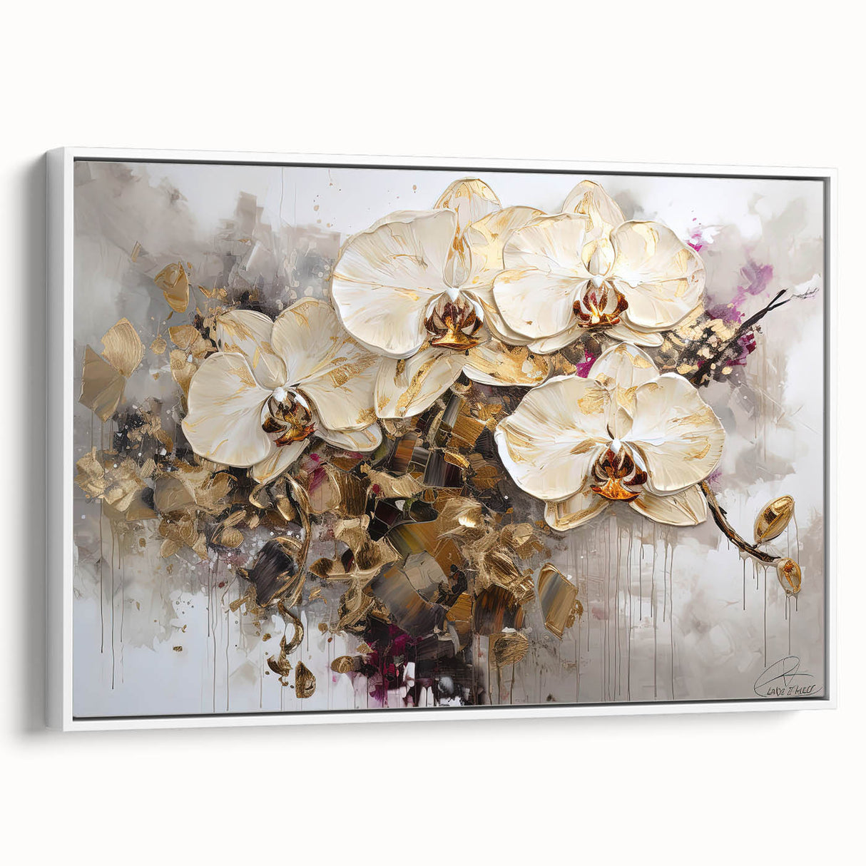 Framed botanical orchid wall art in elegant white, showcasing vibrant purple and green floral designs, ideal for modern home decor.