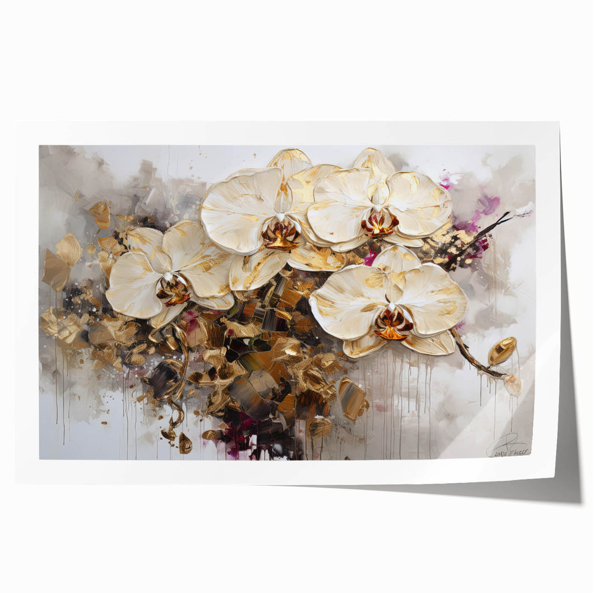 Botanical wall art showcasing a vibrant orchid design in shades of purple and green, elegantly rolled for easy framing and display, perfect for home decor enthusiasts.
