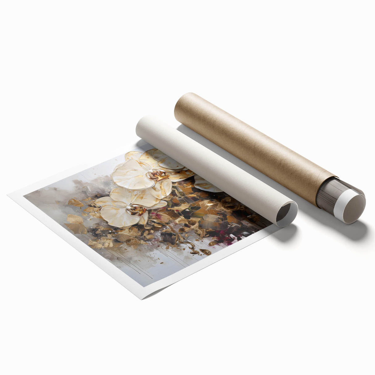 Botanical wall art showcasing a vibrant orchid design in shades of purple and green, rolled and presented in protective packaging for easy display and shipping.