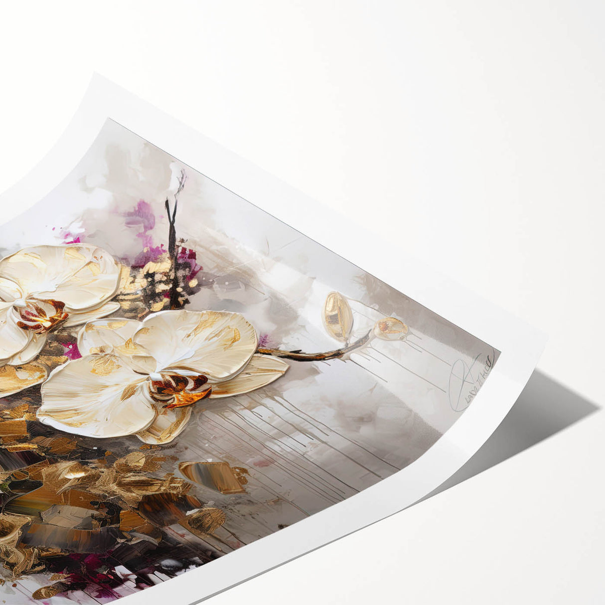 Botanical orchid wall art print showcasing vibrant pink and white flowers on a soft green background, rolled for easy shipping, perfect for home decor.