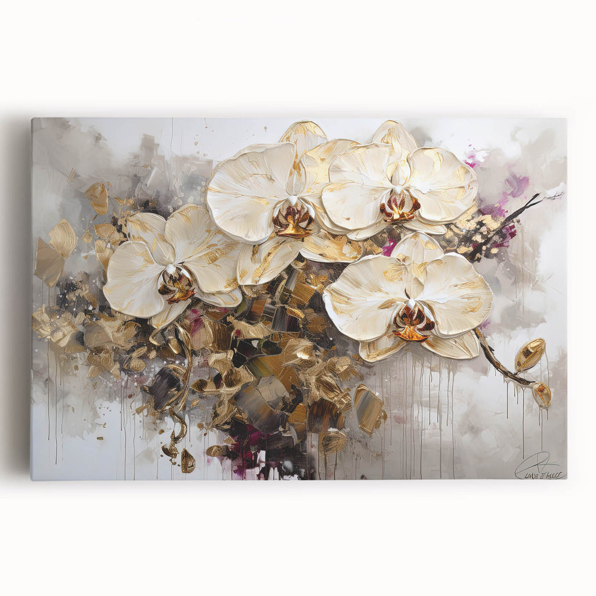 Vibrant botanical orchid wall art design on stretched canvas, showcasing rich colors and intricate details, perfect for enhancing home decor with a touch of elegance.