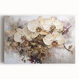 Vibrant botanical orchid wall art design on stretched canvas, showcasing rich colors and intricate details, perfect for enhancing home decor with a touch of elegance.