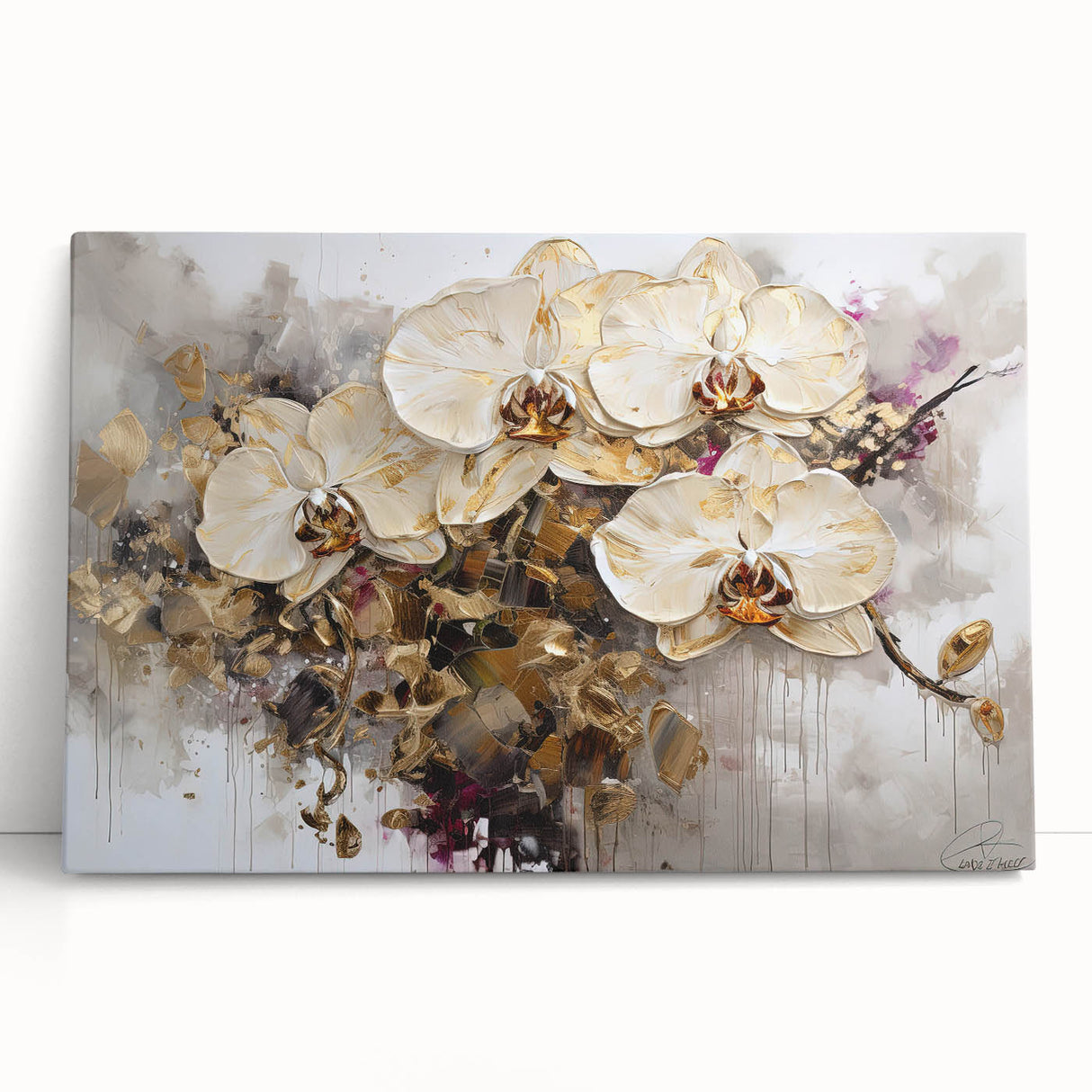 Vibrant botanical orchid design on stretched canvas wall art, showcasing delicate pink and white orchids against a soft green background, perfect for home decor.