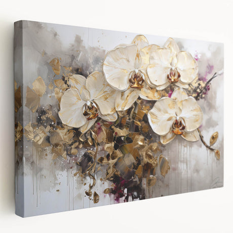 Stretched canvas artwork showcasing a vibrant botanical orchid design, highlighting intricate floral details and rich colors, perfect for enhancing modern decor.