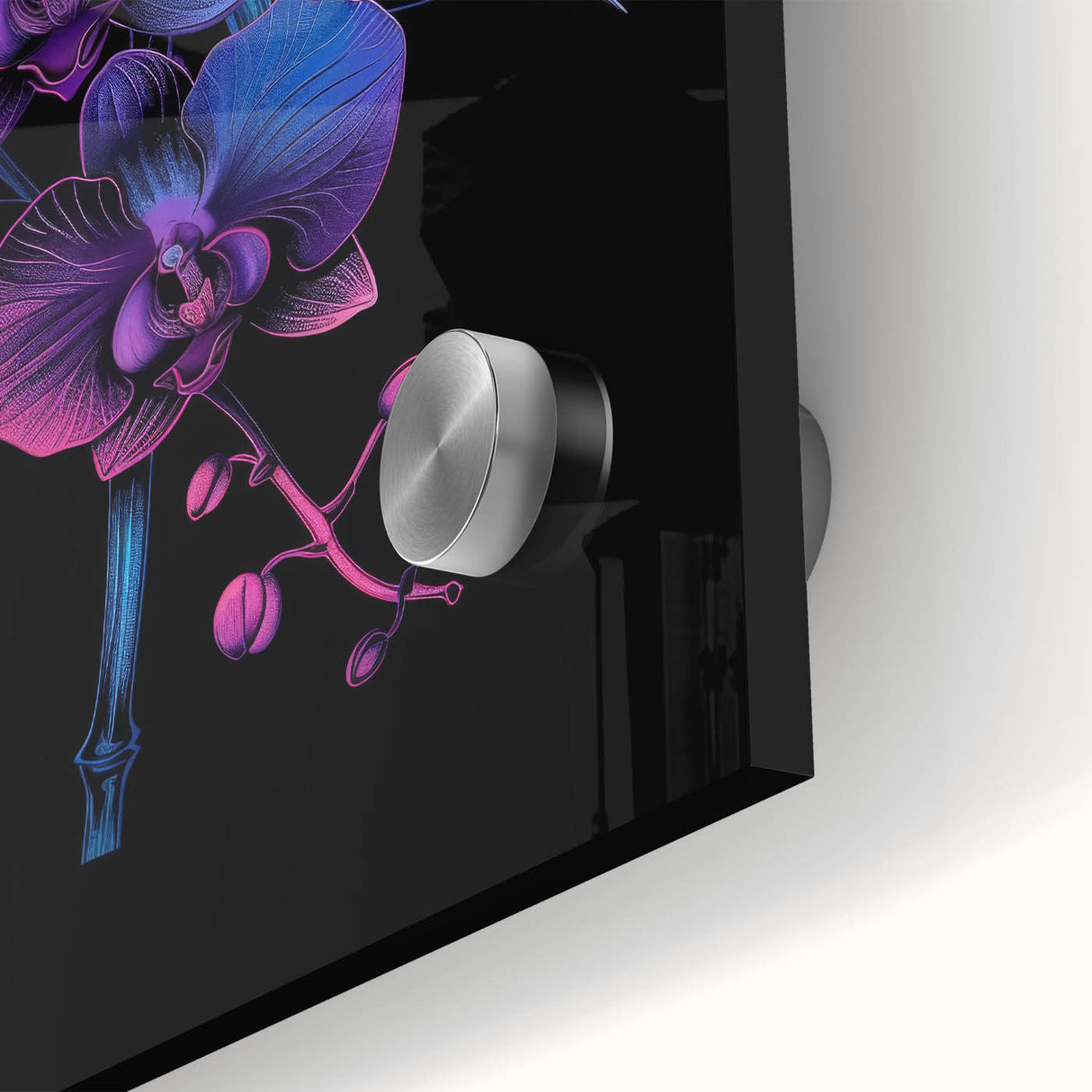 Close-up of a vibrant botanical wall art piece featuring a detailed orchid design, showcasing rich colors and intricate textures, perfect for home decor.