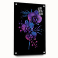Side view of a botanical orchid wall art piece displayed in a sleek acrylic frame, highlighting vibrant floral colors and intricate details, perfect for home decor.
