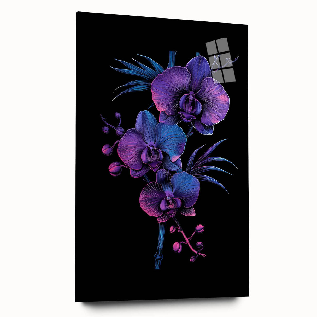 A side view of a botanical orchid wall art piece, designed with vibrant floral colors and intricate details, displayed in a sleek acrylic glass frame, ideal for home decor.