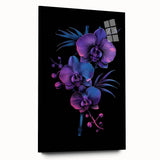 A side view of a botanical orchid wall art piece, designed with vibrant floral colors and intricate details, displayed in a sleek acrylic glass frame, ideal for home decor.