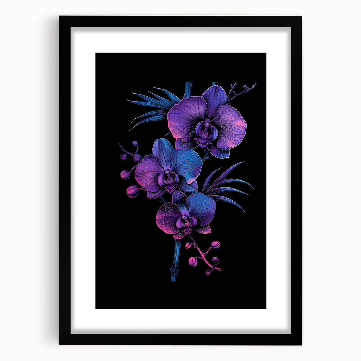 Botanical wall art featuring an elegant orchid design framed in black with a mat, showcasing vibrant colors and intricate details, perfect for home decor.