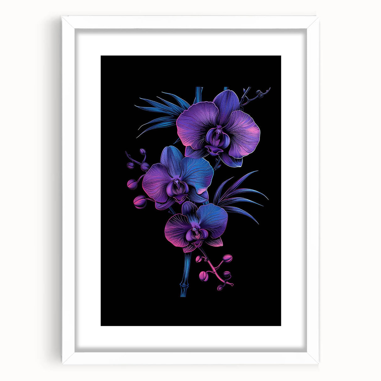 Framed botanical wall art featuring an elegant orchid design with a white mat, perfect for home decor. Ideal for floral enthusiasts and interior design lovers.
