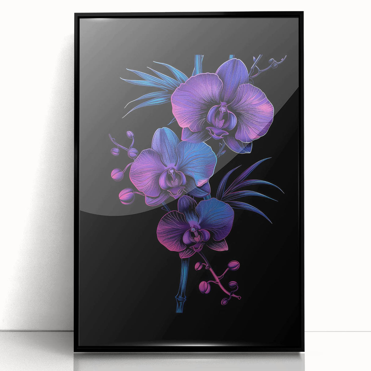 Framed botanical wall art featuring a vibrant orchid design on a black background, showcasing intricate floral details and elegant styling for modern decor.