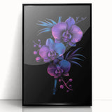 Framed botanical wall art featuring a vibrant orchid design on a black background, showcasing intricate floral details and elegant styling for modern decor.