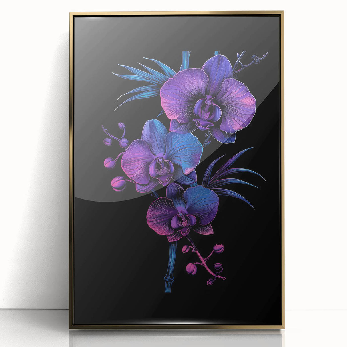 Framed botanical wall art featuring a stunning orchid design in vibrant colors, set in an elegant gold frame, perfect for home decor or office aesthetics.
