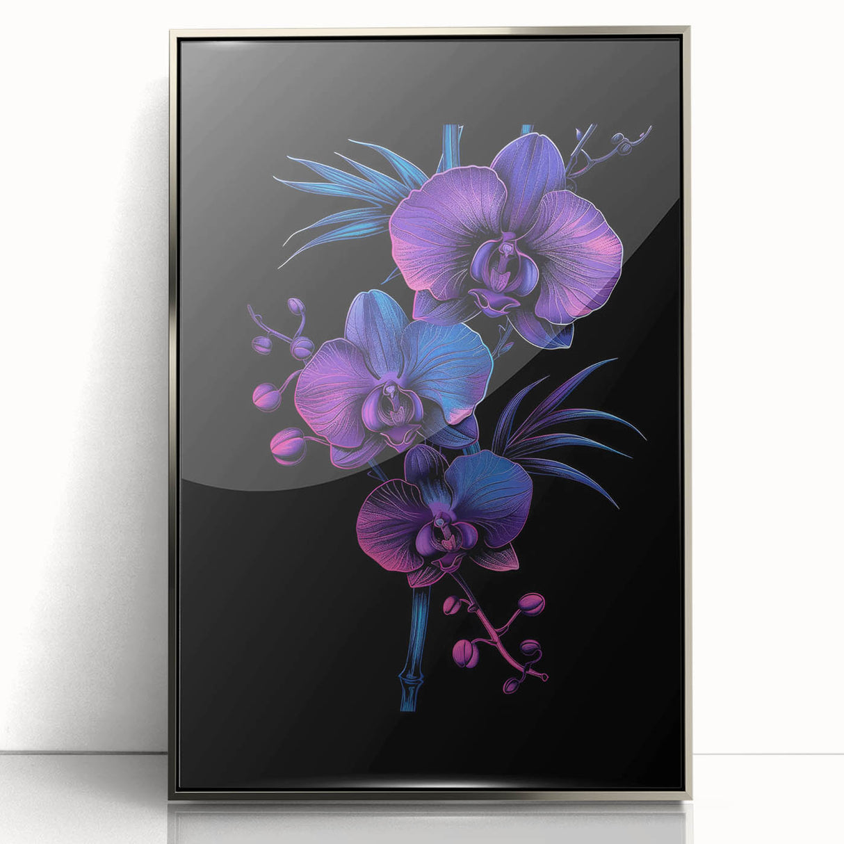 Framed acrylic wall art showcasing a botanical orchid design with silver accents, perfect for home decor. Ideal for nature lovers seeking elegance.