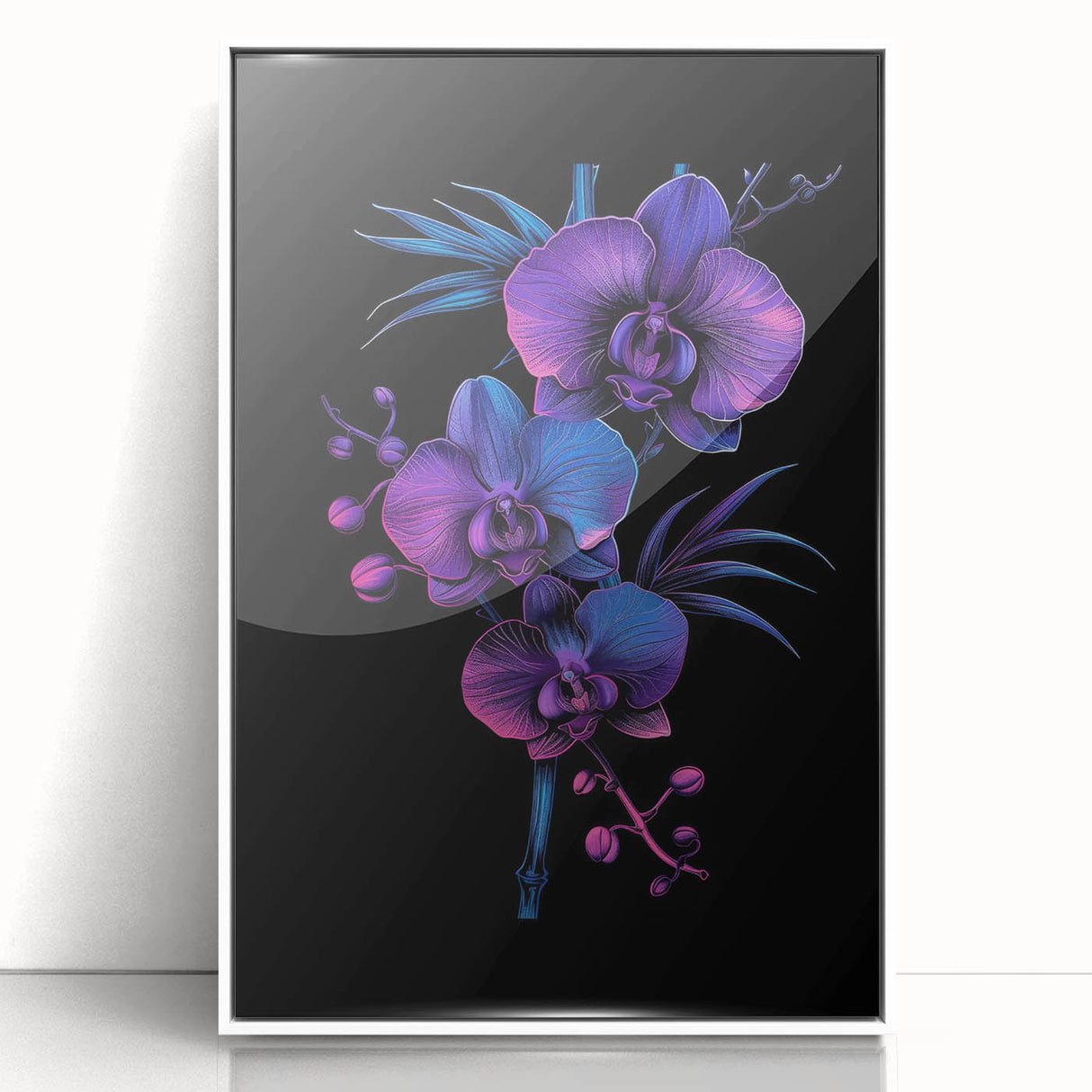 Framed botanical wall art featuring a vibrant orchid design, displayed in a sleek white frame. Perfect for enhancing modern decor with a touch of nature.
