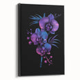 Framed canvas wall art showcasing a botanical orchid design with vibrant colors, displayed from a black side view, perfect for home decor.