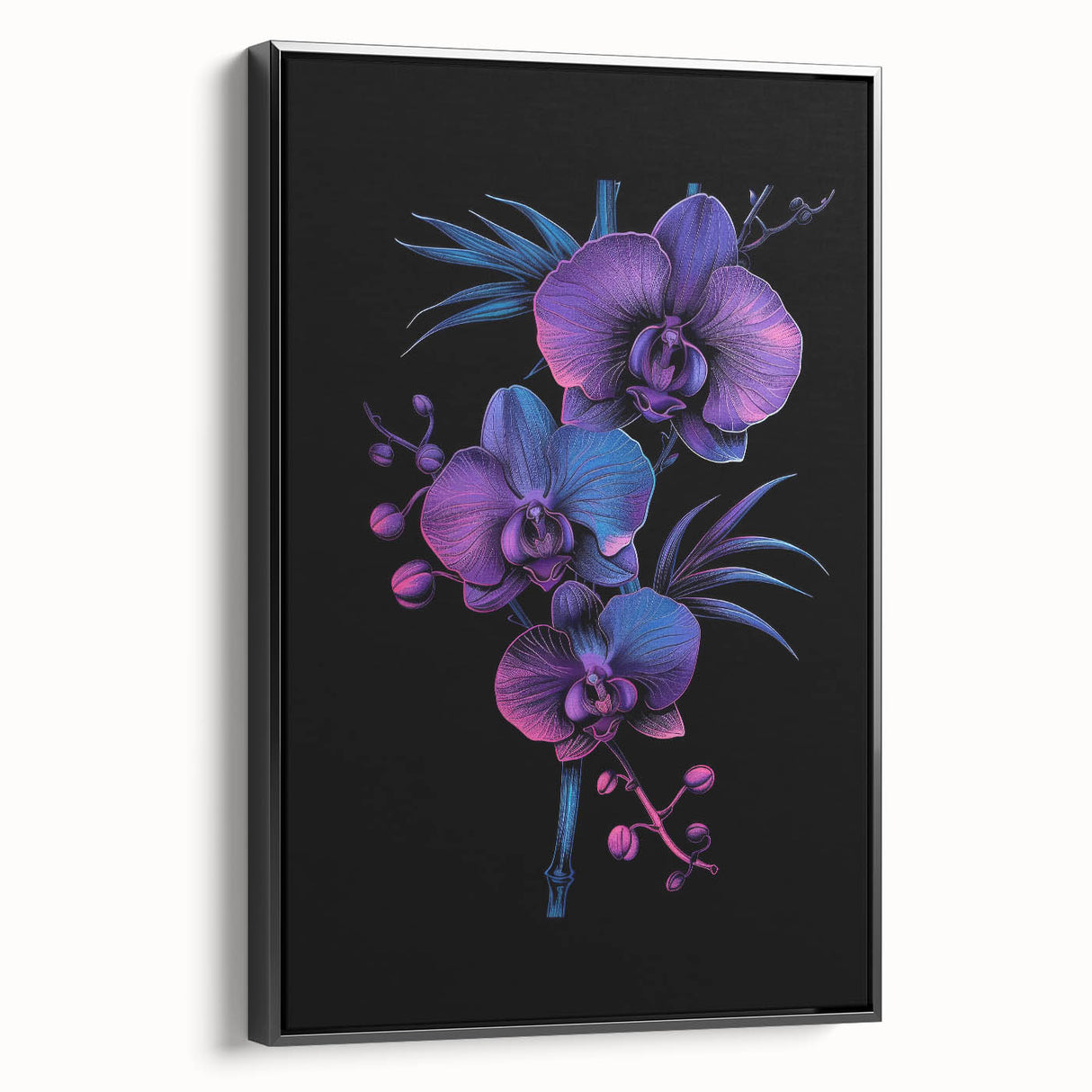 Framed canvas wall art showcasing a botanical orchid design with vibrant colors, displayed from a black side view, perfect for home decor.