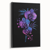 Framed canvas wall art showcasing a botanical orchid design with vibrant colors, displayed from a black side view, perfect for home decor.