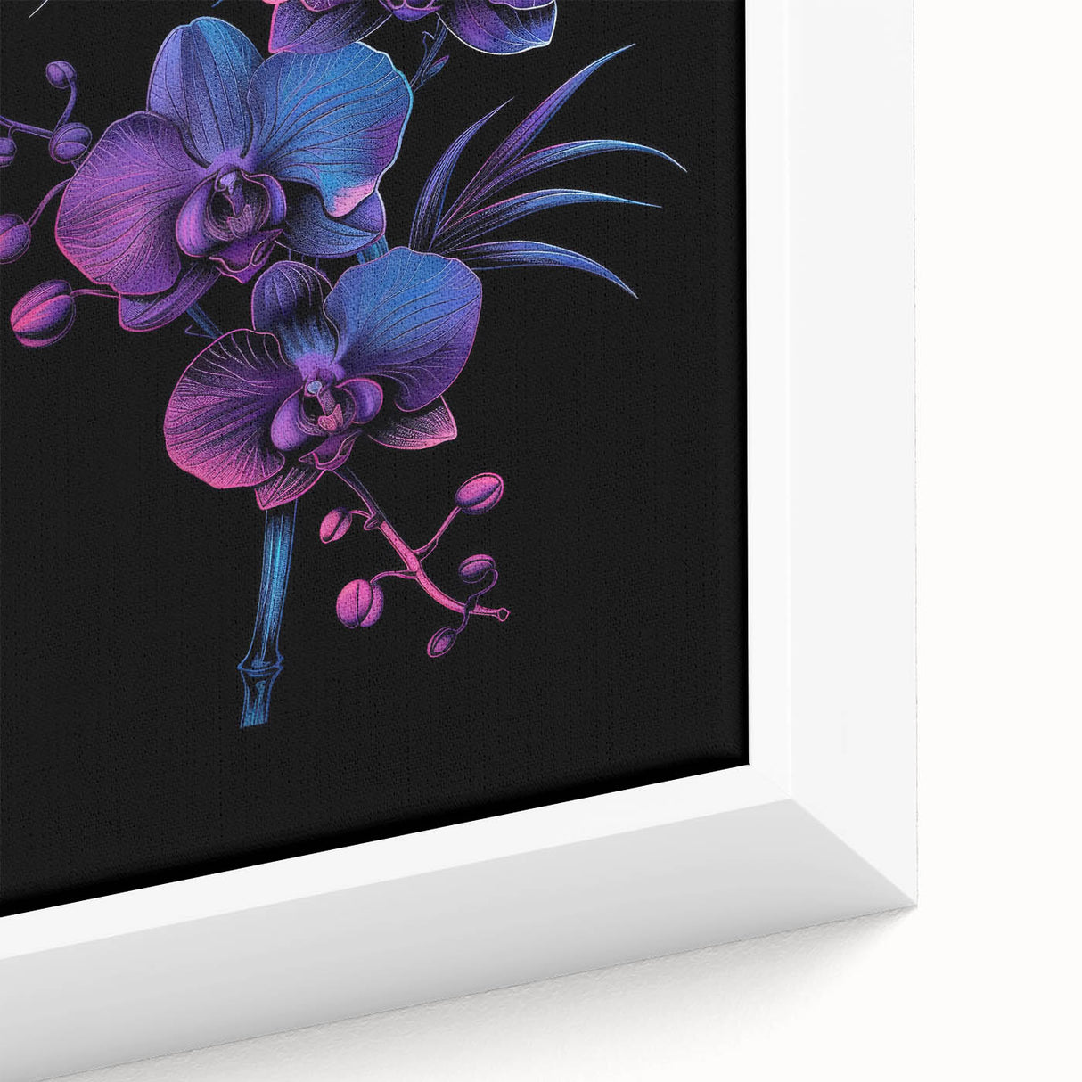 Close-up of a beautifully framed botanical wall art piece featuring vibrant orchid designs in rich colors, perfect for enhancing any home decor.