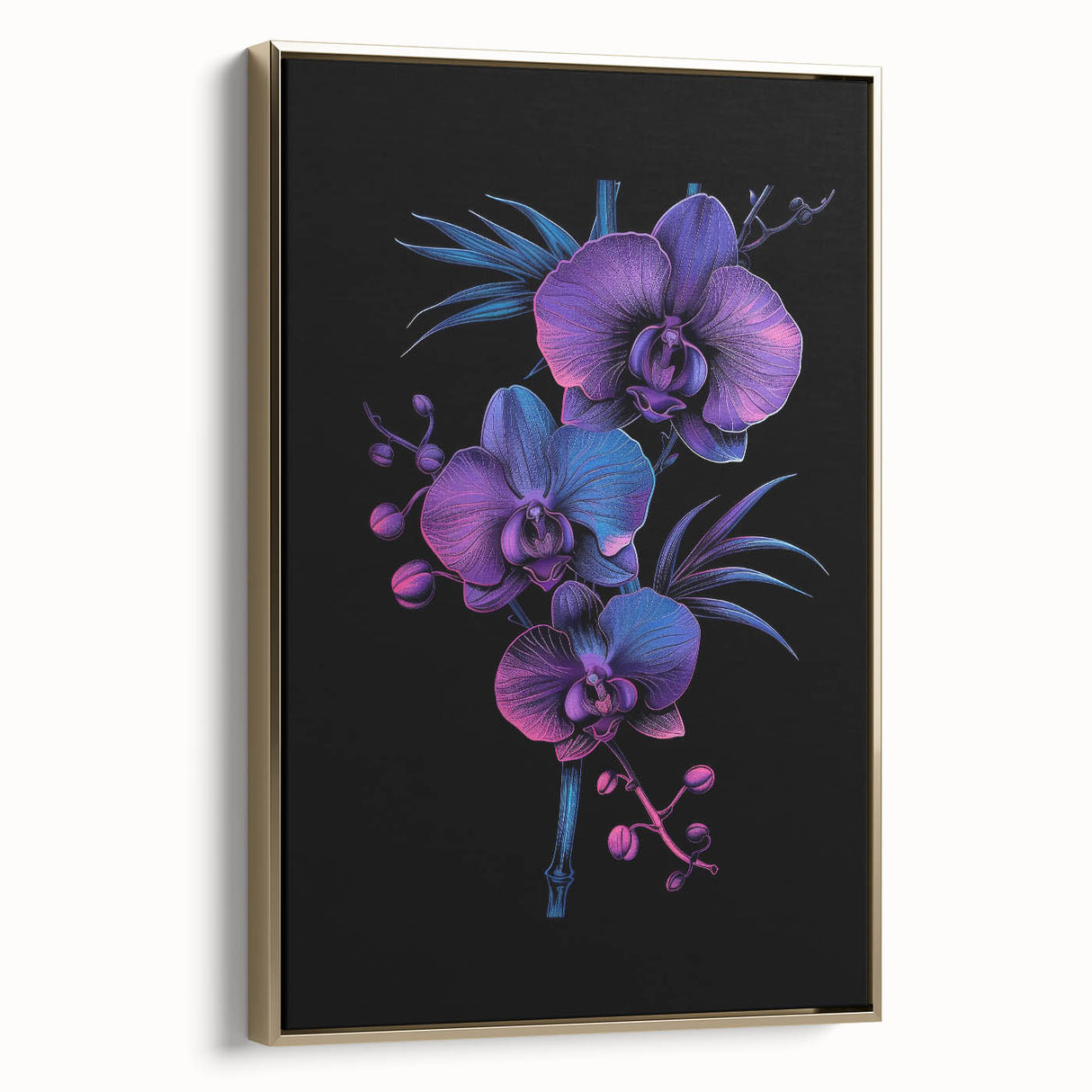 Framed wall art showcasing a botanical orchid design in vibrant colors with a gold frame, adding elegance to any interior decor. Perfect for nature lovers.