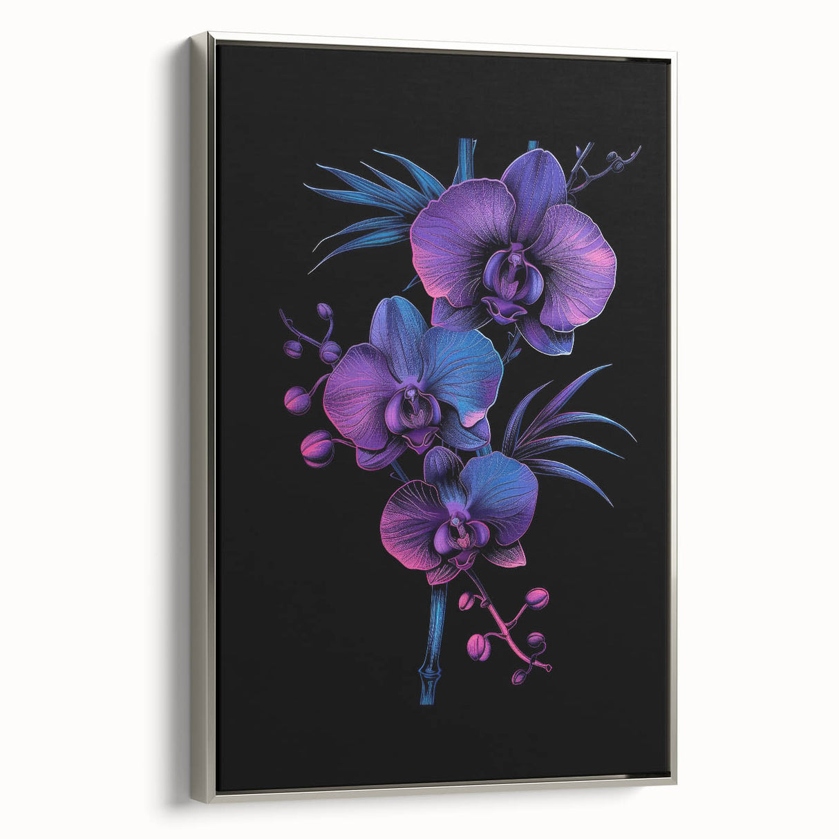 Framed canvas wall art showcasing a botanical orchid design in silver tones, highlighting intricate floral details and elegant framing, ideal for home decor.